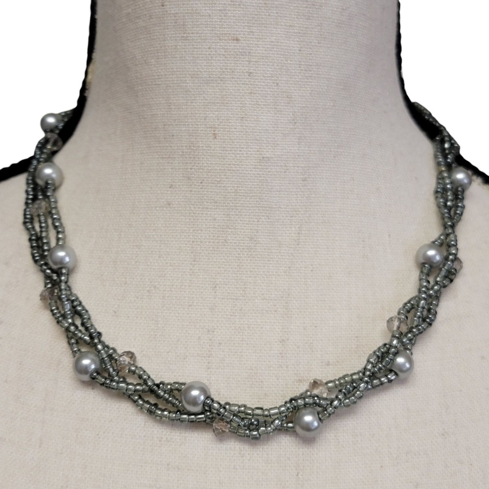 Gray Faux Pearl Beaded Necklace‎ 20" Seed Beads Triple Strand Adustable Jewelry
